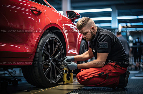 An auto mechanic repairs a car wheel at a service station. The concept of car maintenance. Стоковое AI-изображение, AI-художник Ярославский Максим / Фотобанк Лори