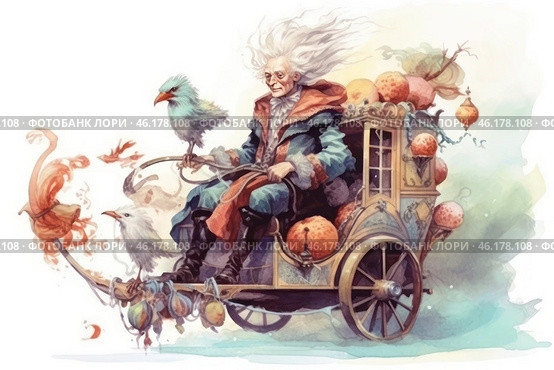 An eccentric old man with long flowing grey hair sitting in a fancy carriage. His outfit consists of a long blue cloak with fur trim, high boots and multi-layered clothing, giving him the appearance of a sage or a wandering wizard.The carriage looks unusual - it is decorated with golden elements, decorative windows and garlands consisting of bright oranges or other fantastic fruits. Instead of a horse, it is pulled by fairy-tale birds, one of which has a bright flame instead of a tail, which creates a magical atmosphere.The background is made in watercolor technique with soft pastel shades, emphasizing the fabulousness and lightness of the scene. The whole image resembles an illustration of a fairy tale, where magic and nature merge into one. Стоковое AI-изображение, AI-художник Анна Кривицкая / Фотобанк Лори