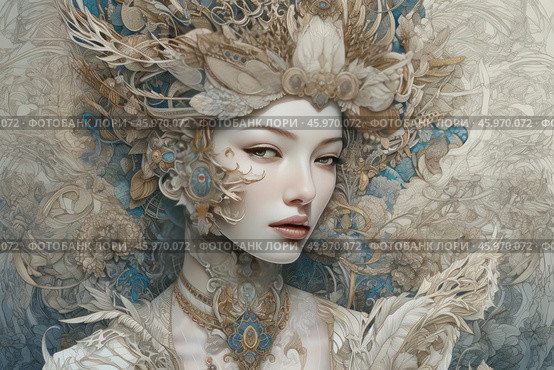 An elaborate portrait of a woman adorned with an intricate pattern of feathers, flowers and gemstones. The woman's appearance is restrained and refined, with emphasis on her expressive eyes and even features. On her head is an elaborate crown made of feathers and patterns that blend seamlessly into the surrounding flora, creating a sense of oneness with nature. The color scheme of the image is kept in light tones with shades of gold and blue, which gives a special depth and richness to the composition. Стоковое AI-изображение, AI-художник Анна Кривицкая / Фотобанк Лори