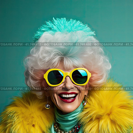 An elderly beautiful woman with bright dyed hair and sunglasses. Generated by AI. Стоковое AI-изображение, AI-художник Ярославский Максим / Фотобанк Лори