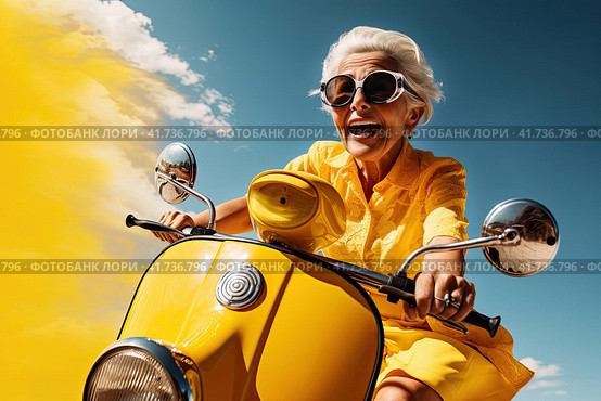 An elderly cheerful woman with gray hair rides a blue scooter and smiles. Generated by AI. Стоковое AI-изображение, AI-художник Ярославский Максим / Фотобанк Лори