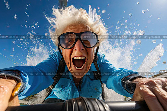 An elderly cheerful woman with gray hair rides a blue scooter and smiles. Generated by AI. Стоковое AI-изображение, AI-художник Ярославский Максим / Фотобанк Лори