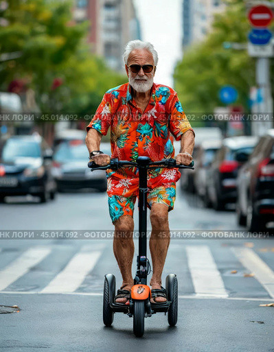 An elderly man on a mini-segway (gyro scooter with steering wheel) on a city street. Стоковое AI-изображение, AI-художник Сергей Елизарьев / Фотобанк Лори