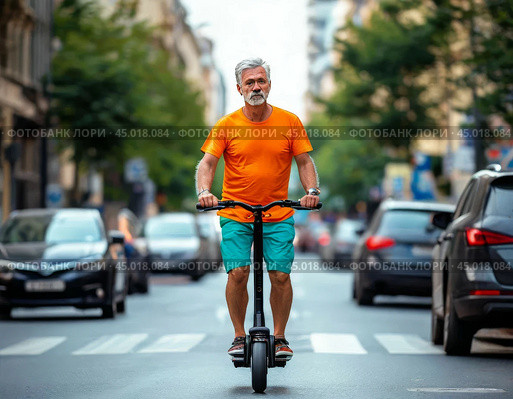 An elderly man on a unicycle with a steering wheel on a city street. Стоковое AI-изображение, AI-художник Сергей Елизарьев / Фотобанк Лори