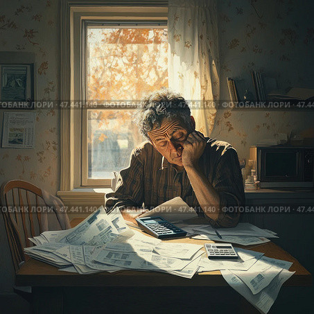 An elderly man sitting at a kitchen table by the window, surrounded by a pile of paperwork, receipts and two calculators. He looks tired, resting his cheek on his hand, with a thoughtful and anxious expression on his face. Sunlight filters through the curtain, creating a contrast between the warm atmosphere and the emotional weight of the scene. The interior is simple, homely, with retro elements. The illustration evokes associations with financial difficulties, routine or personal reflections on life. Стоковое AI-изображение, AI-художник Анна Кривицкая / Фотобанк Лори