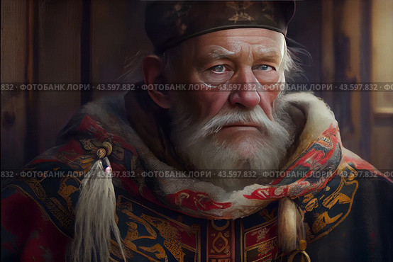 An elderly man with a thick gray beard and mustache. He is dressed in a traditional Russian caftan, decorated with rich embroidery and ornaments. He has a warm hat on his head and a fur cape on his shoulders. The man's face is serious and concentrated, his eyes look into the distance. The background of the picture is made in warm, muted colors, creating an atmosphere of comfort and tranquility. Стоковое AI-изображение, AI-художник Анна Кривицкая / Фотобанк Лори