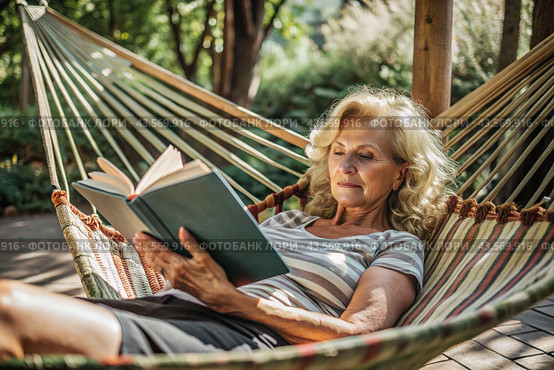 An elderly pensioner, a modern grandmother with glasses, reads a book on vacation in a hammock by the sea in natural light. Стоковое AI-изображение, AI-художник Photojuli / Фотобанк Лори