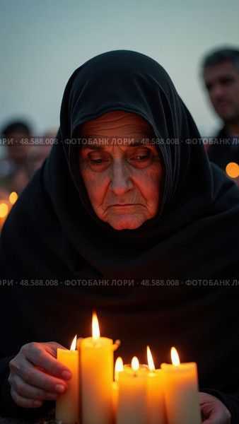 An Elderly Woman, Dressed in a Black Chador, is Lighting Candles at Dusk. Стоковое AI-изображение, AI-художник Sergey Grishin / Фотобанк Лори