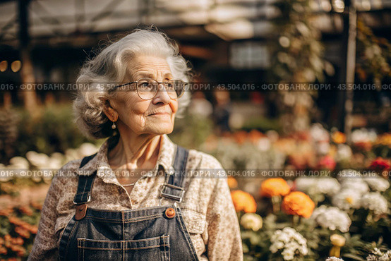 An elderly woman gardener with gray hair in overalls in a cozy flower greenhouse. The gardener takes care of the flowers. Стоковое AI-изображение, AI-художник Photojuli / Фотобанк Лори