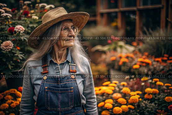 An elderly woman gardener with gray hair in overalls in a cozy flower greenhouse. The gardener takes care of the flowers. Стоковое AI-изображение, AI-художник Photojuli / Фотобанк Лори