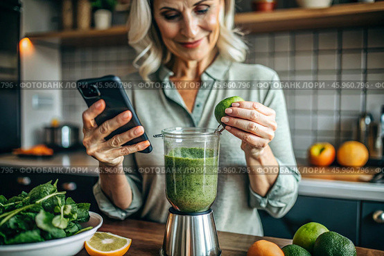 An elderly woman in the kitchen is looking at healthy food recipes on her phone and preparing a vegetable smoothie made from broccoli in a blender. Healthy detox diet drink. Стоковое AI-изображение, AI-художник Photojuli / Фотобанк Лори