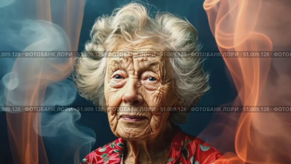 An elderly woman with distinct features and vibrant attire is beautifully captured against a dreamy smoky backdrop, highlighting her wise gaze. Стоковое AI-видео, аниматор Данила Большаков / Фотобанк Лори