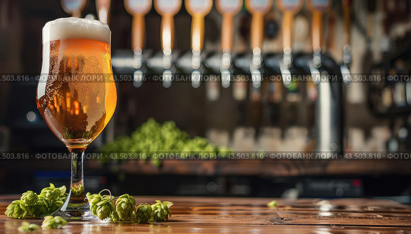 an elegant glass of beer and fresh green hops on a wooden table in a bar against the backdrop of beer pouring taps. copy space. Стоковое AI-изображение, AI-художник Александр Довянский / Фотобанк Лори
