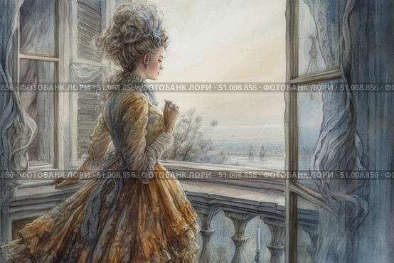 An elegant watercolor illustration in a historical style: a young woman in a luxurious 18th-century dress looks thoughtfully out of the window at the cityscape. Her pose is noble and melancholy, and the morning light penetrating through the curtains lends the scene softness and intimacy. The atmosphere is imbued with a sense of anticipation, memory and the beauty of a fleeting moment. Suitable for themes of historical reconstruction, female portraiture, romance and the aesthetics of bygone eras. Стоковое AI-изображение, AI-художник Анна Кривицкая / Фотобанк Лори