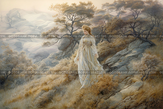 An elegant woman in a long light dress walks along a hillside, surrounded by dry grass and curved trees. The landscape resembles autumn or early winter nature with soft, muted shades. The atmosphere is filled with calm, melancholy and a slight fairy tale. The woman seems to have come out of an old legend or a romantic story. The artistic style of the image emphasizes subtle detailing and a dreamy mood. Ideal for themes of beauty, nature, fairy tales, romance and retro aesthetics. Стоковое AI-изображение, AI-художник Анна Кривицкая / Фотобанк Лори