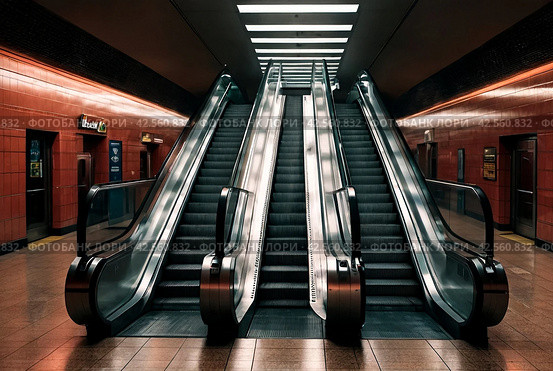 An empty escalator in subway metro. Transportation of people up and down stairs. Escalators without people. Mall, elevate. Стоковое AI-изображение, AI-художник Aleksandr Golubev / Фотобанк Лори
