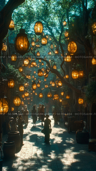 An enchanting fantasy market street filled with glowing spherical lanterns illuminating a bustling pathway where diverse figures gather beneath a canopy of lush green foliage, perfect for a whimsical. Стоковое AI-изображение, AI-художник Данила Большаков / Фотобанк Лори
