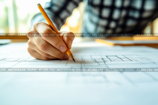An engineer draws a drawing of an architectural and technical project on a table. The architect's work is on the studio table. Стоковое AI-изображение, AI-художник Ирина Ручушкина / Фотобанк Лори