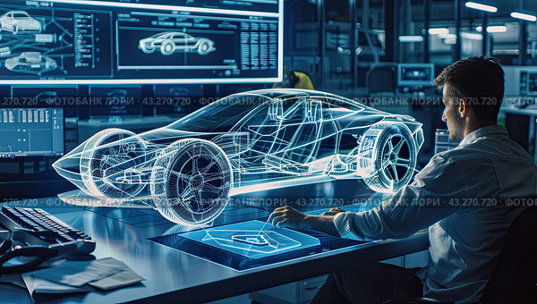An engineer visualizing 3D modeling of a prototype of a future car at a car manufacturing plant. New design technologies. Стоковое AI-изображение, AI-художник Ярославский Максим / Фотобанк Лори