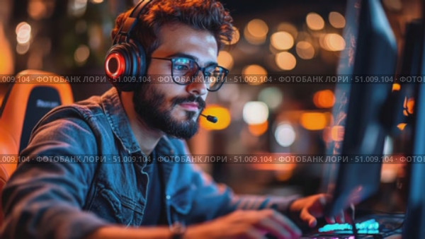 An enthusiastic gamer competes in an online tournament at a vibrant esports lounge, focused on the screen and immersed in the experience. Стоковое AI-видео, аниматор Данила Большаков / Фотобанк Лори