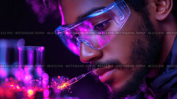An enthusiastic scientist carefully analyzes vibrant liquids in test tubes, demonstrating a deep commitment to scientific exploration in a lab setting. Стоковое AI-изображение, AI-художник Данила Большаков / Фотобанк Лори