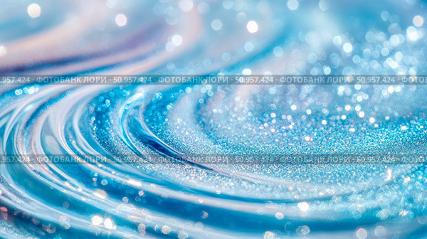 An ethereal abstract liquid wave motion with sparkling light particles and soft bokeh, creating a serene cool blue and white shimmer for celebration, product display, or winter holiday event. Стоковое AI-изображение, AI-художник Данила Большаков / Фотобанк Лори