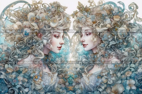 An exquisite fantasy illustration done in the style of Art Nouveau or Romantic Surrealism. It depicts two beautiful women with delicate features, reminiscent of fairy goddesses or nymphs. Their hair is a swirl of curls intertwined with flowers, seashells and pearls, creating a sense of luxury and magic. The color scheme includes cool pastel shades - blue, silver, beige and mother-of-pearl. The composition is symmetrical, enhancing the sense of harmony and mystical charm. Стоковое AI-изображение, AI-художник Анна Кривицкая / Фотобанк Лори