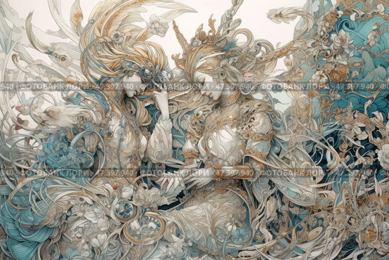 An exquisite fantasy illustration in the Art Nouveau style with fantasy elements. In the center are two graceful female figures in richly decorated outfits, their poses are soft and meditative. The clothes, hair and surroundings are intertwined into a single pattern of flowers, curls, birds, fish and leaves. The color scheme is delicate shades of turquoise, golden beige, ivory and white. The illustration radiates calm, magic and aesthetic perfection, like a scene from a mythical world or an ancient legend. Стоковое AI-изображение, AI-художник Анна Кривицкая / Фотобанк Лори