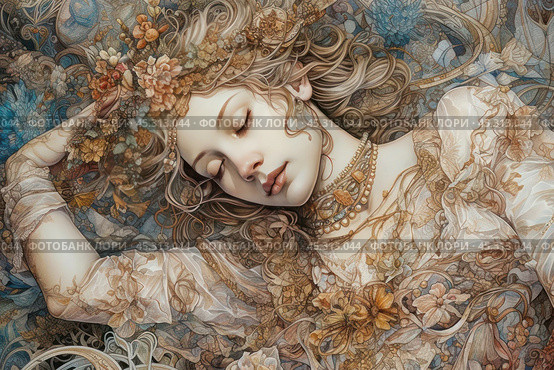 An exquisite illustration depicting a girl in a state of rest, surrounded by flowers and intricate patterns. She lies with her eyes closed, immersed in sleep or deep thought. The girl’s hair is intertwined with floral motifs, creating the impression of oneness with nature. Her outfit is decorated with details that resemble petals and leaves. The color palette of the illustration is rich in shades of gold, beige and soft blue, giving the composition warmth and tranquility. This artistic image is reminiscent of scenes from classical myths or fairy tales, creating an atmosphere of romance and magic. Стоковое AI-изображение, AI-художник Анна Кривицкая / Фотобанк Лори