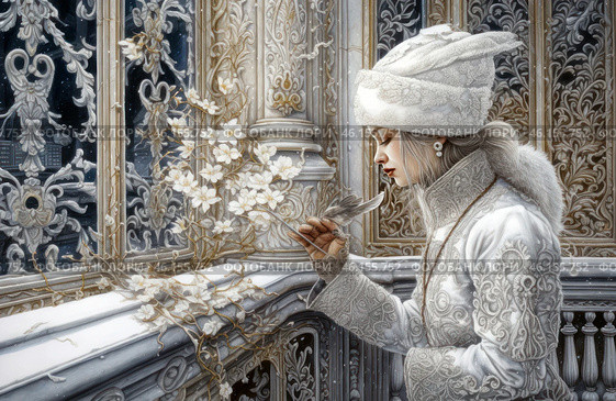 An exquisite scene done in a winter style with elements of a Russian palace setting. A woman dressed in a richly decorated snow-white outfit holds a small bird in her hands, as if protecting it. She is wearing a luxurious fur hat with patterns, a long warm coat with embroidery and fur trim. Her hair is neatly styled, and her face reflects thoughtfulness and calm. She stands on a balcony with intricate forged patterns and carved columns dotted with frost patterns. Around her, snow flowers intertwine with branches, creating a feeling of a winter fairy tale. The atmosphere of the image conveys a feeling of nobility, coldness and romantic mystery. Стоковое AI-изображение, AI-художник Анна Кривицкая / Фотобанк Лори
