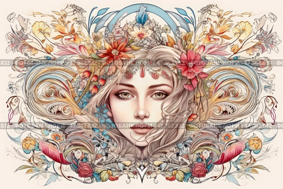 An exquisite, symmetrical illustration in the Art Nouveau style: in the center is the face of a young woman with expressive eyes, refined features and long wavy hair. Her hair flows into patterns of flowering plants, leaves, buds and decorative elements. Around her head is a wreath of flowers, the composition is dominated by shades of pink, blue, gold and soft beige. This is an image of nature, spring, a goddess or spirit of flowering. Стоковое AI-изображение, AI-художник Анна Кривицкая / Фотобанк Лори