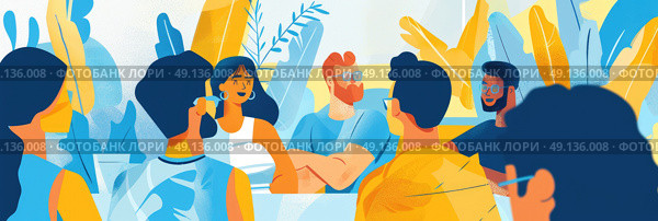 An illustration depicting a group of diverse friends enjoying each others company in a relaxed outdoor setting. They are talking, laughing, and sharing a moment of camaraderie. The scene is filled with bright colors and positive vibes. Стоковое AI-изображение, AI-художник Данила Большаков / Фотобанк Лори