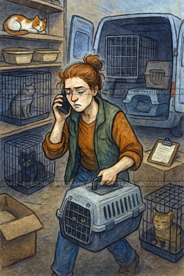 An illustration in digital pastel and watercolor technique depicting a tired volunteer transporting cats in carriers. The girl with a serious and worried expression is talking on the phone while carrying a carrier with a cat. Around her are many cages and boxes with other cats, loaded into a van or placed indoors. On the floor is a box, a clipboard with papers, and an atmosphere of haste and responsibility. The scene conveys a tense moment from the daily life of a shelter or rescue operation for homeless animals. Стоковое AI-изображение, AI-художник Анна Кривицкая / Фотобанк Лори