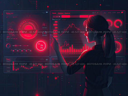 An illustration with a girl in front of a red hologram with data. Стоковое AI-изображение, AI-художник Ярославский Максим / Фотобанк Лори