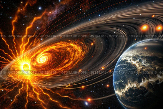 An image of a magnetic storm, a solar flare covering the earth, the sun, the globe. Feeling unwell. Solar radiation. Стоковое AI-изображение, AI-художник Photojuli / Фотобанк Лори
