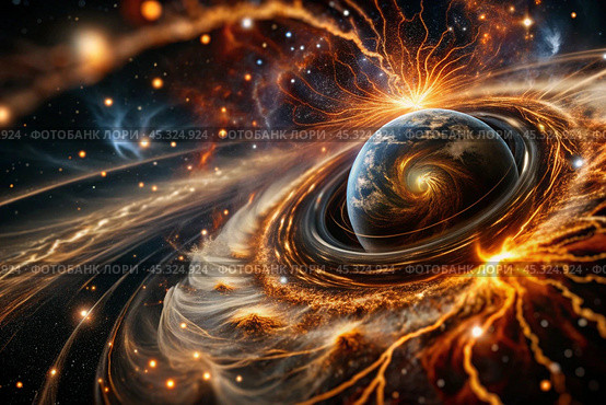 An image of a magnetic storm, a solar flare covering the earth, the sun, the globe. Feeling unwell. Solar radiation. Стоковое AI-изображение, AI-художник Photojuli / Фотобанк Лори