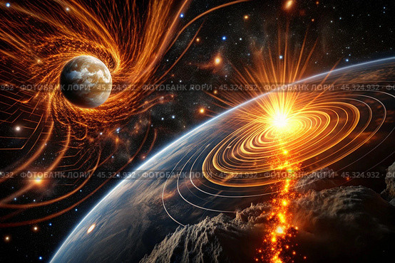 An image of a magnetic storm, a solar flare covering the earth, the sun, the globe. Feeling unwell. Solar radiation. Стоковое AI-изображение, AI-художник Photojuli / Фотобанк Лори