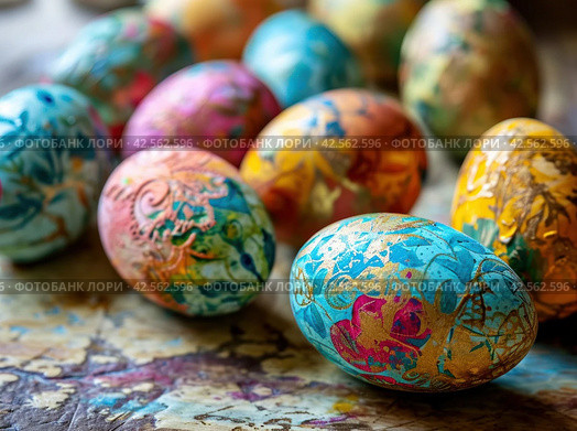 an image shows several hand painted easter eggs on a table. Стоковое AI-изображение, AI-художник Юлия Гапеенко / Фотобанк Лори