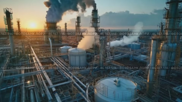 An industrial plant with smoky chimneys at sunset. Generative Ai. Стоковое AI-видео, аниматор Алексей Кузнецов / Фотобанк Лори