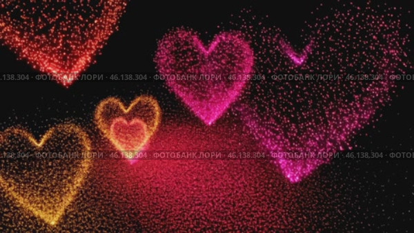An infinite loop of glowing fireflies forming abstract heart shapes in the air. The tiny particles move in synchronized waves, pulsing and changing hues between deep red, soft pink, and golden yellow. The animation feels soft, romantic, and peaceful, evoking a gentle essence of love. Стоковое AI-видео, аниматор Антонина Черепкова / Фотобанк Лори