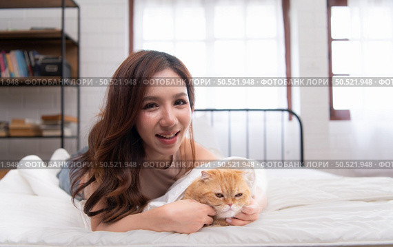 An intelligent Persian cat and owner playing together in bed. Стоковое фото, агентство Ingram Publishing / Фотобанк Лори