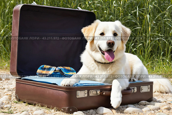 An intrepid pooch seated on an open luggage, embodying the essence of vacation wanderlust. Стоковое AI-изображение, AI-художник Анна Маркина / Фотобанк Лори