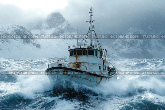 An old fishing boat battles powerful waves in icy waters during a snow storm. The harsh arctic landscape with snow-capped mountains and stormy skies adds to the drama of the moment. The hull of the vessel is covered in rust, adding realism and highlighting the wear and tear from years of service. This scene perfectly illustrates the themes of courage, loneliness, the elements and survival in extreme conditions. Ideal for themes: sea, fishing, arctic expedition, adventure, industrial reportage and dramatic nature. Стоковое AI-изображение, AI-художник Анна Кривицкая / Фотобанк Лори