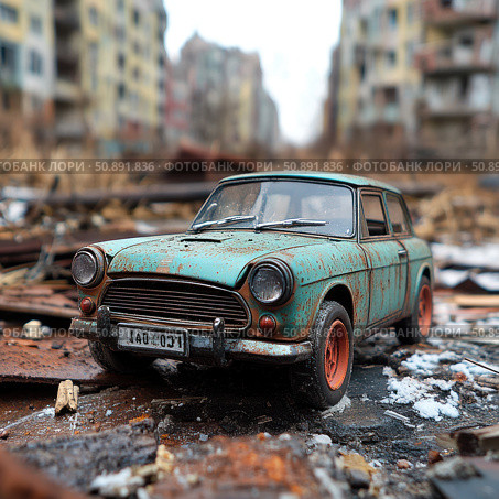 An old rusty Soviet-type car against the backdrop of a ruined city. The car is covered in corrosion spots, stands among trash and snow remnants, on the streets of an abandoned area. The atmosphere of post-apocalypse, desolation and time stopped in the past. Ideal for the themes of urban studies, decline, historical chronicles, visual stories about time and memory. Стоковое AI-изображение, AI-художник Анна Кривицкая / Фотобанк Лори