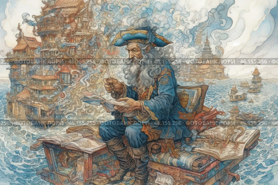 An old sea captain or a wise writer, dressed in a luxurious blue pirate-style suit, sitting at a table covered with books, scrolls and maps. He writes with a pen, as if creating legends or plotting a route across the endless seas. Around him is a fantastic city on the water - a complex architecture of houses connected by bridges and terraces, rising above the sea surface. Small boats float between the buildings, creating the atmosphere of a living, mystical world. The picture is filled with detailed patterns, soft watercolor transitions and smoky clouds, giving it the effect of dreams or a magical dream. Стоковое AI-изображение, AI-художник Анна Кривицкая / Фотобанк Лори