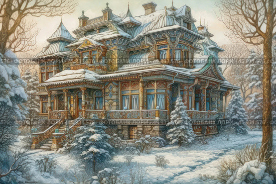 An old wooden house in the Russian style, immersed in a winter landscape. The building is decorated with exquisite carvings: window frames, cornices and columns are richly decorated with complex patterns. The roof of the house is covered with snow, and its shapes have a multi-layered and complex architecture with turrets and slopes, which gives the house a fairy-tale look. The windows are large, with beautiful frames, through which, perhaps, soft light breaks through.In front of the house are snow-covered firs and bushes, creating an atmosphere of coziness and privacy. The ground is also covered with a thick layer of snow, on which tracks leading to the house are visible. Around the house there is a winter forest: bare trees, lightly dusted with snow, emphasize the silence and cold beauty of nature. The warm light of the sunset in the background enhances the romance and atmosphere of the scene. Стоковое AI-изображение, AI-художник Анна Кривицкая / Фотобанк Лори