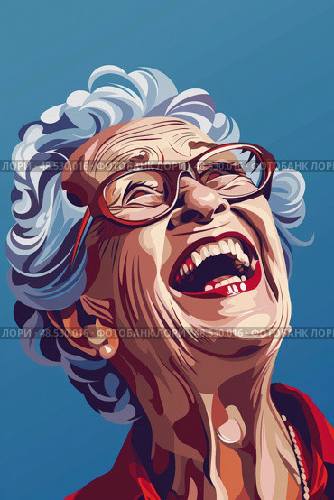 An older woman depicted in a painting, joyfully laughing. Her face is animated and expressive, capturing a moment of genuine happiness. Стоковое AI-изображение, AI-художник Данила Большаков / Фотобанк Лори