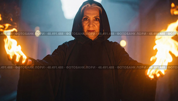 An older woman in a black hooded cloak conjures flames in her hands inside a mystical dark alley. Стоковое AI-изображение, AI-художник Igor Tichonow / Фотобанк Лори