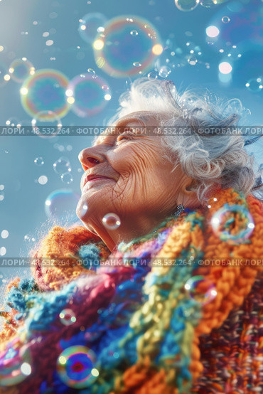 An older woman is standing outdoors blowing bubbles into the air, creating a playful and lighthearted moment. Стоковое AI-изображение, AI-художник Данила Большаков / Фотобанк Лори