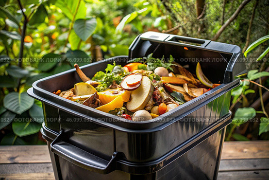 An open compost container with peels and fruit and vegetable clippings. Organic waste in a garden composter. Eco-friendly gardening, sustainability, ecology. Стоковое AI-изображение, AI-художник Photojuli / Фотобанк Лори